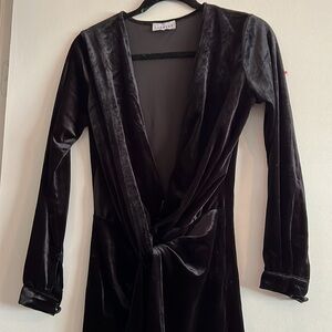 Vintage 90s Black Crushed Velvet Wrap Long Sleeve Mini Dress